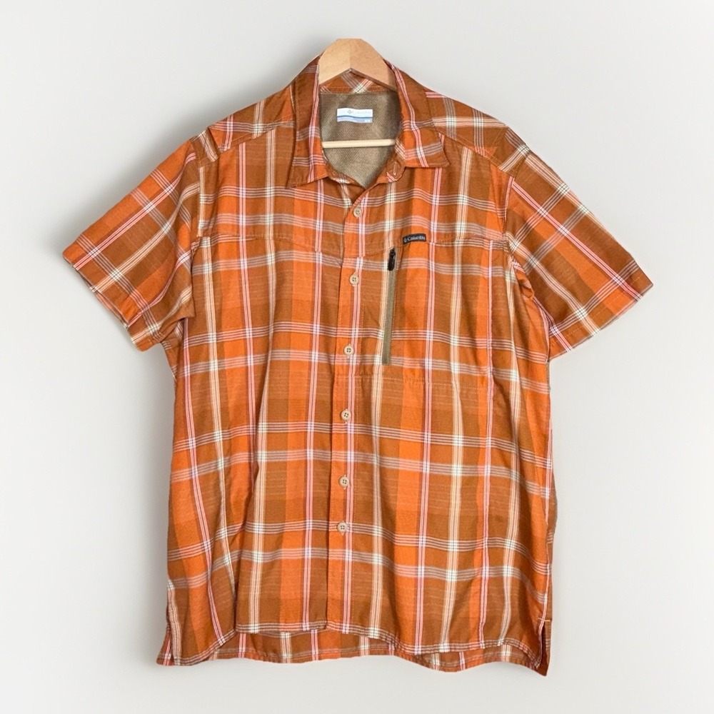 Columbia Mens Shirt Omni Shade Orange Plaid Button Short Sleeve Size Medium